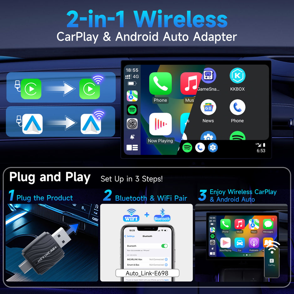 Wireless CarPlay & Android Auto Adapter--Dual-Head Design